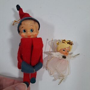 Lot 2 VTG Japan Knee Hugger Elf Pixie Spun Cotton Angel Ornament Christmas Xmas